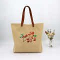 Custom Logo Genuine Leather Hand Strap Biodegradable Women Tote Bag Cotton Linen Canvas Custom Shopping Bag